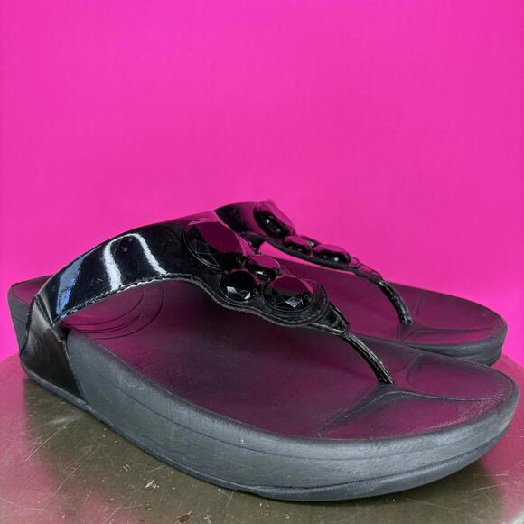 FitFlop Lunetta Patent Black Leather Jewel Embellished Toe Post Sandal Sz 8 - Picture 1 of 7